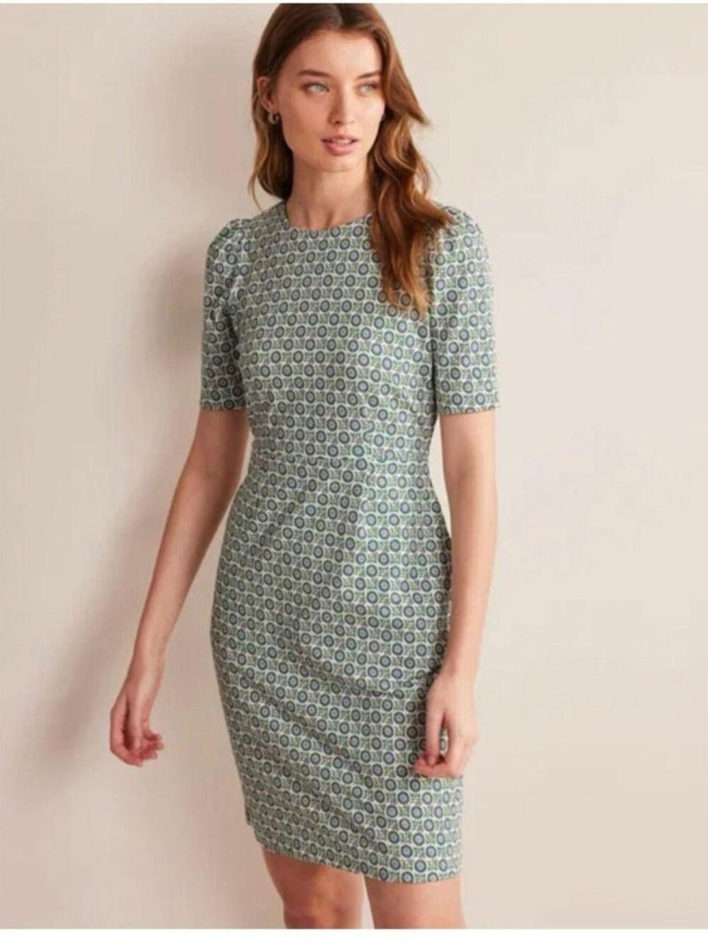 BODEN Zoe Cotton Jersey Dress Blue Green Medallion Geo Print Boho size 16-18R